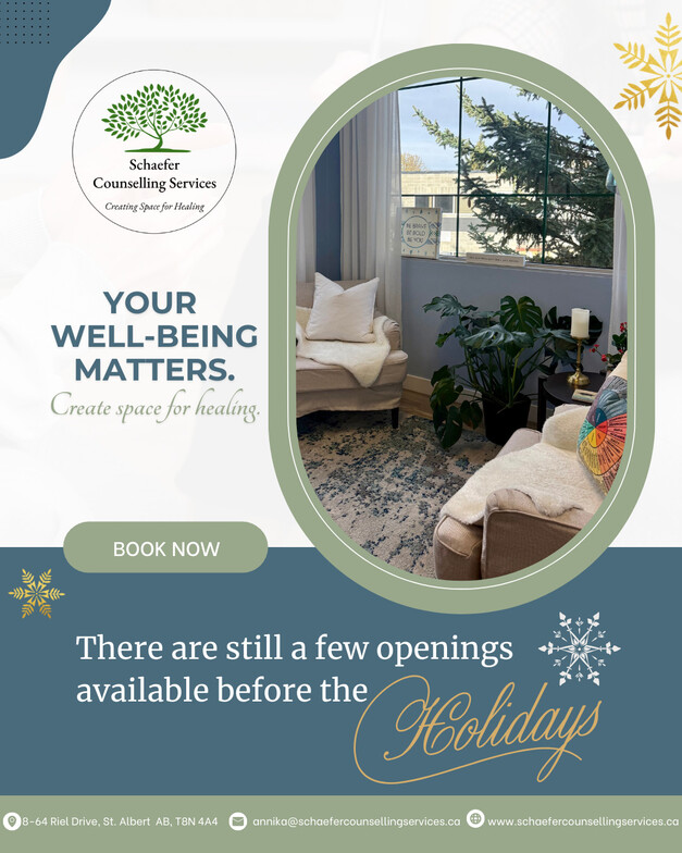 An invitation for counselling sessions to address grief, navigating holiday expectations, loneliness, stress, or anxiety.