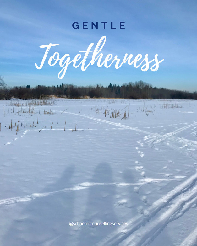 Three shadows cast on snowy ground full of footprints, illustrating relationships, healing, and grounding during challenging times.