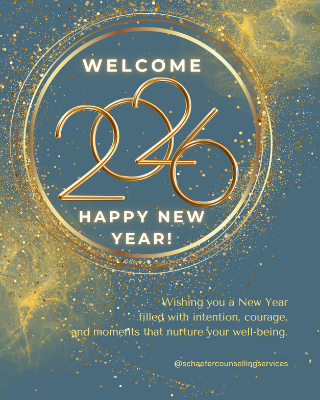 a festive blue and gold image wishing a Happy New Year filled with intention, courage, and moments that support your well-being. 