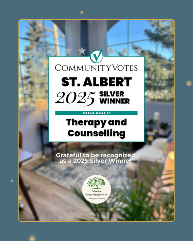 Photo of a calm, welcoming therapy room with natural light, featuring the Community Votes 2025 Silver Winner badge for Therapy & Counselling, & the Schaefer Counselling Services logo.