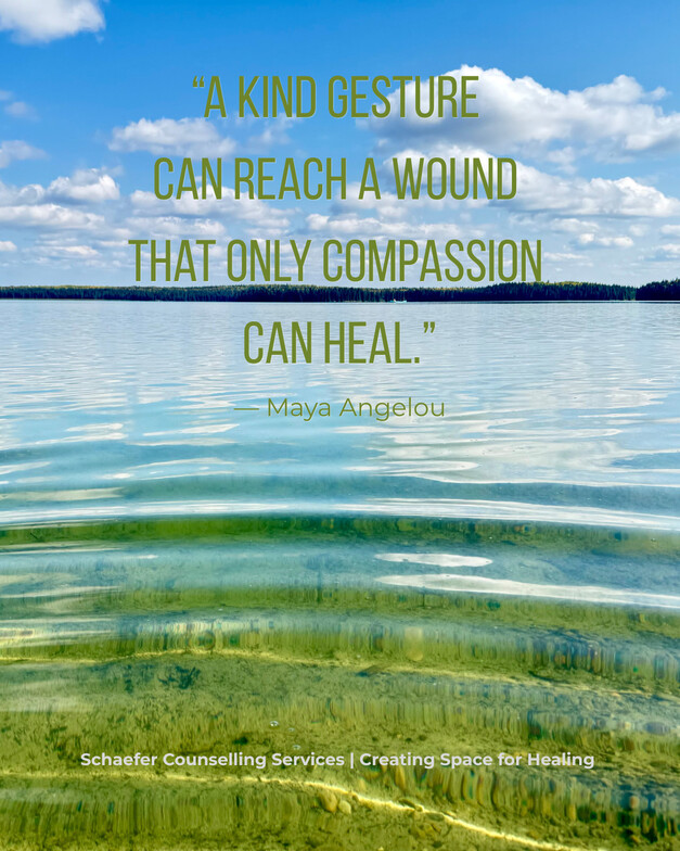 Lake ripples with Maya Angelou kindness quote overlay for Random Acts of Kindness Day, mental wellness post by Schaefer Counselling Services in St. Albert.