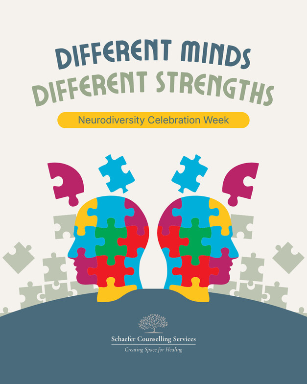Two human heads made of puzzle pieces in neurodivergent colors, representing neurodiversity, unique ways of thinking, and inclusive understanding of neurodivergent individuals.
