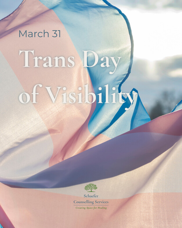 Sunlit trans flag with Trans Day of Visibility text and Schaefer Counselling Services logo.