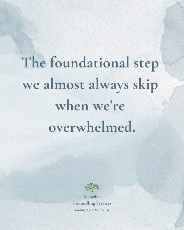 A calm, professional graphic with a neutral background displaying the title: "The Foundational Step We Almost Always Skip When We're Overwhelmed." Schaefer Counselling Services in St. Albert, Alberta.